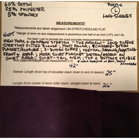 NEW YORK & COMPANY STRETCH “The Madison” Fitted Blouse, PURPLE, NWOT, Size L - Picture 8 of 8